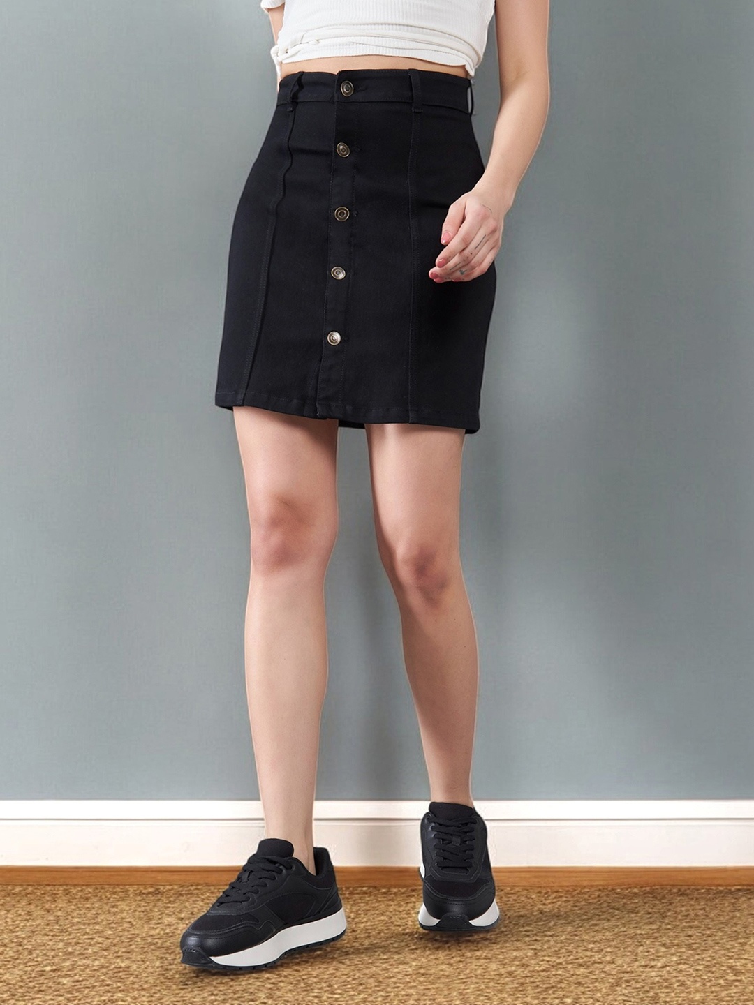 

DOLCE CRUDO Women Denim Straight Skirt, Black