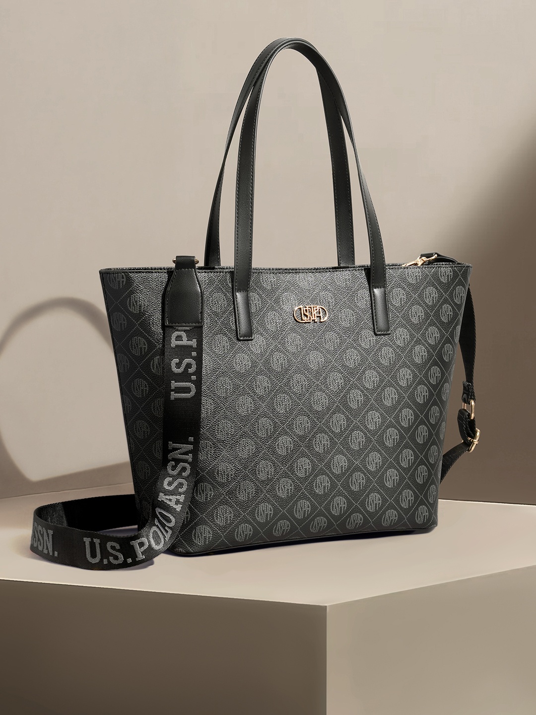 

U.S. Polo Assn. Women Typography Printed Structured Shoulder Bag, Black