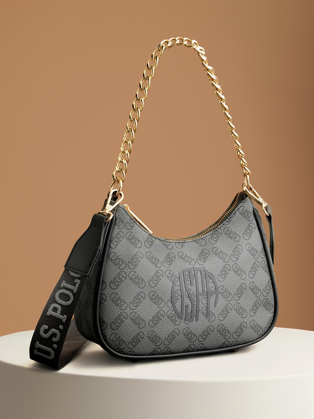 

U.S. Polo Assn. Women Typography Printed Structured Hobo Bag, Grey