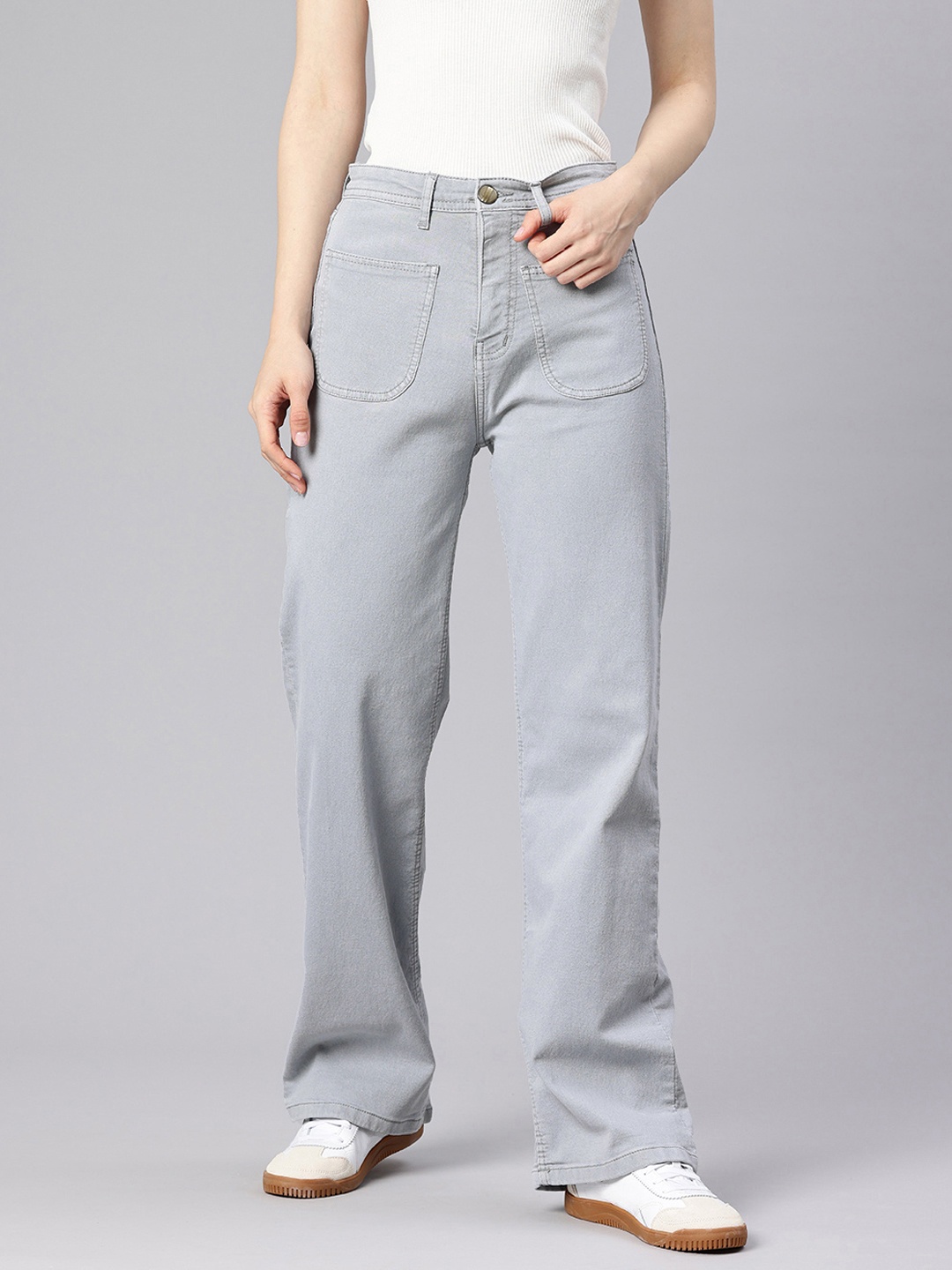 

ADBUCKS Women Comfort Wide Leg High-Rise Stretchable Jeans, Grey