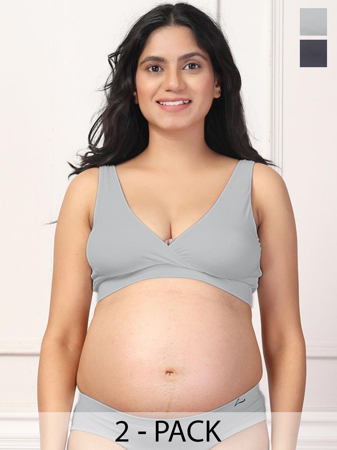 

House Of Zelena Pack of 2 Stretchable Lightly Padded Maternity Feeding Bras, Grey