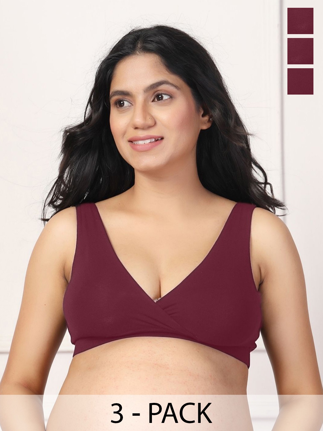 

House of Zelena Pack of 3 Non-Wired Stretchable Padded Maternity Feeding Bras, Maroon