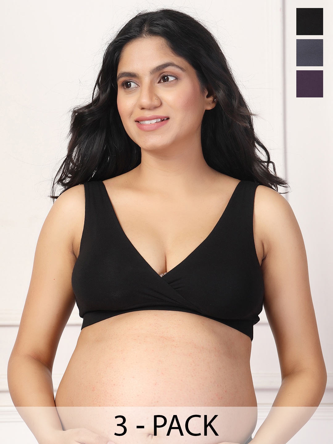 

House Of Zelena Pack of 3 Stretchable Lightly Padded Maternity Feeding Bras, Black