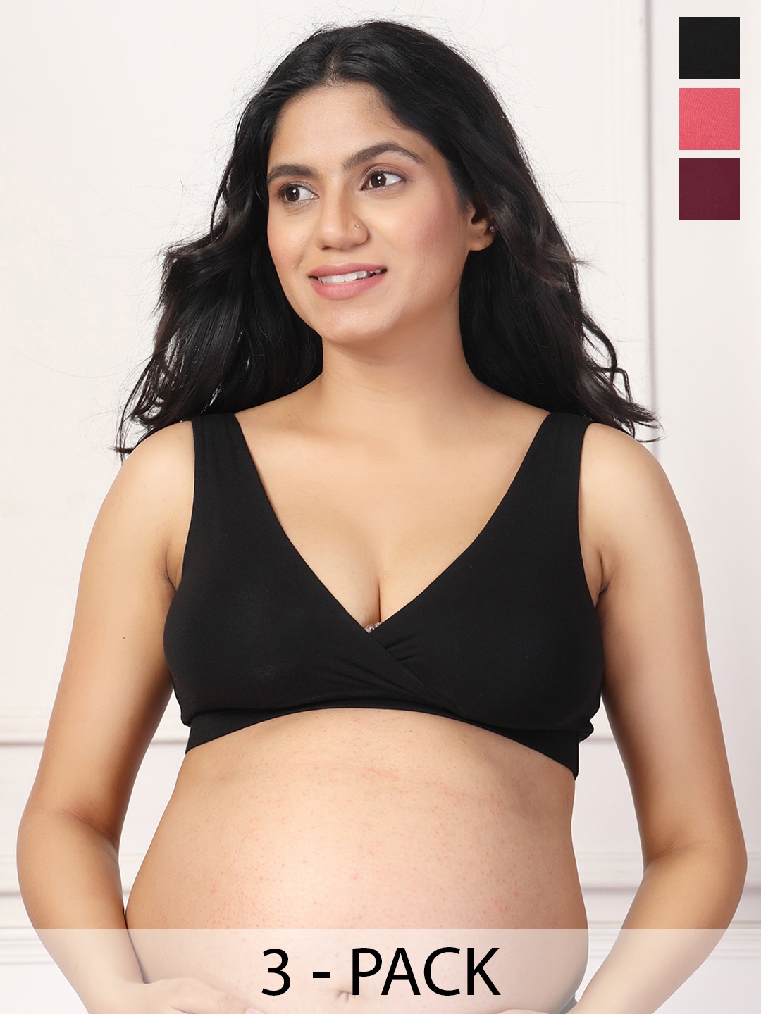 

House Of Zelena Pack of 3 Stretchable Lightly Padded Maternity Feeding Bras, Black