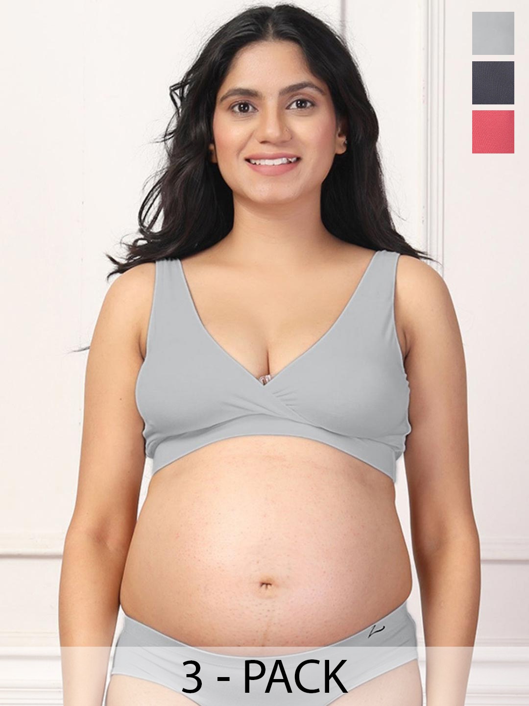 

House Of Zelena Pack of 3 Stretchable Lightly Padded Maternity Feeding Bras, Grey