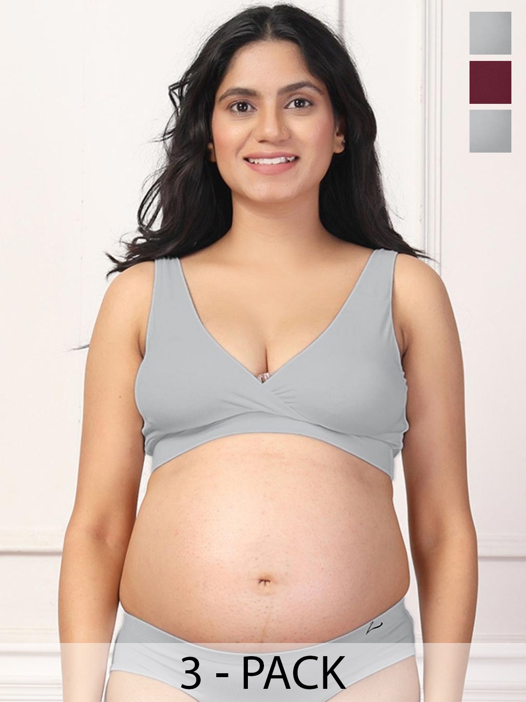 

House Of Zelena Pack of 3 Stretchable Lightly Padded Maternity Feeding Bras, Grey