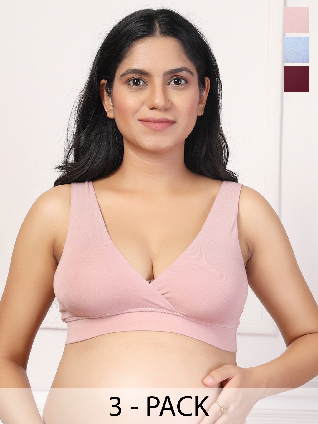 

House Of Zelena Pack of 3 Stretchable Lightly Padded Maternity Feeding Bras, Pink