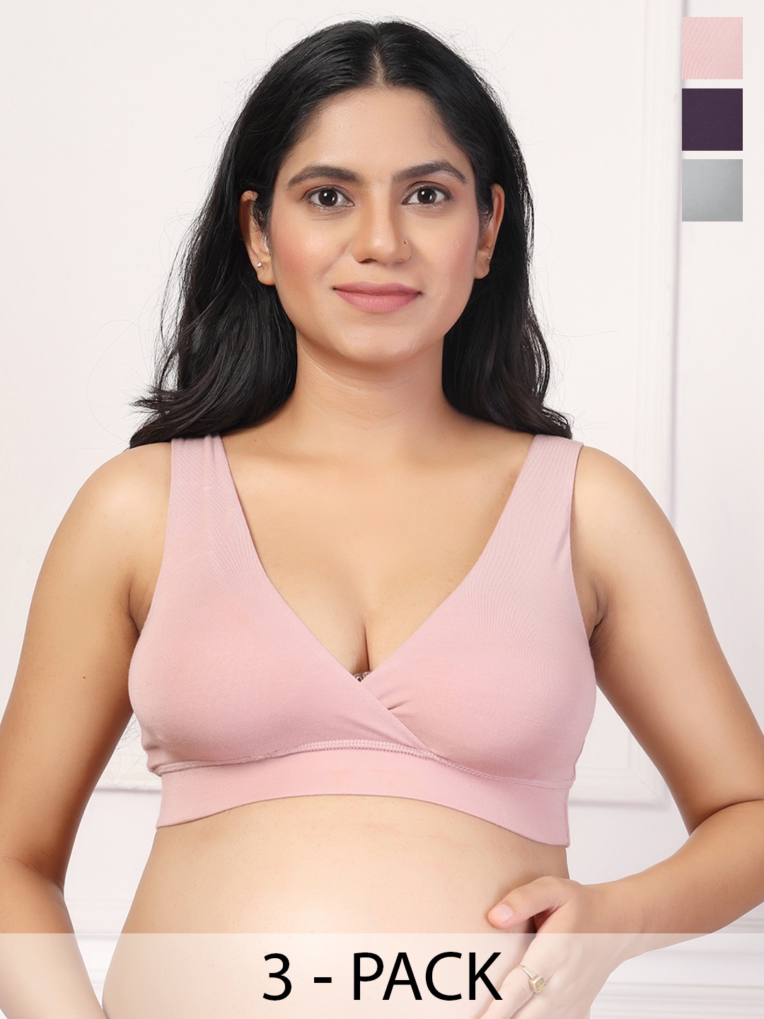 

House Of Zelena Pack of 3 Stretchable Lightly Padded Maternity Feeding Bras, Pink