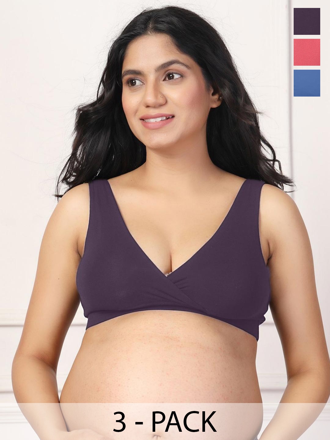 

House Of Zelena Pack of 3 Stretchable Lightly Padded Maternity Feeding Bras, Purple