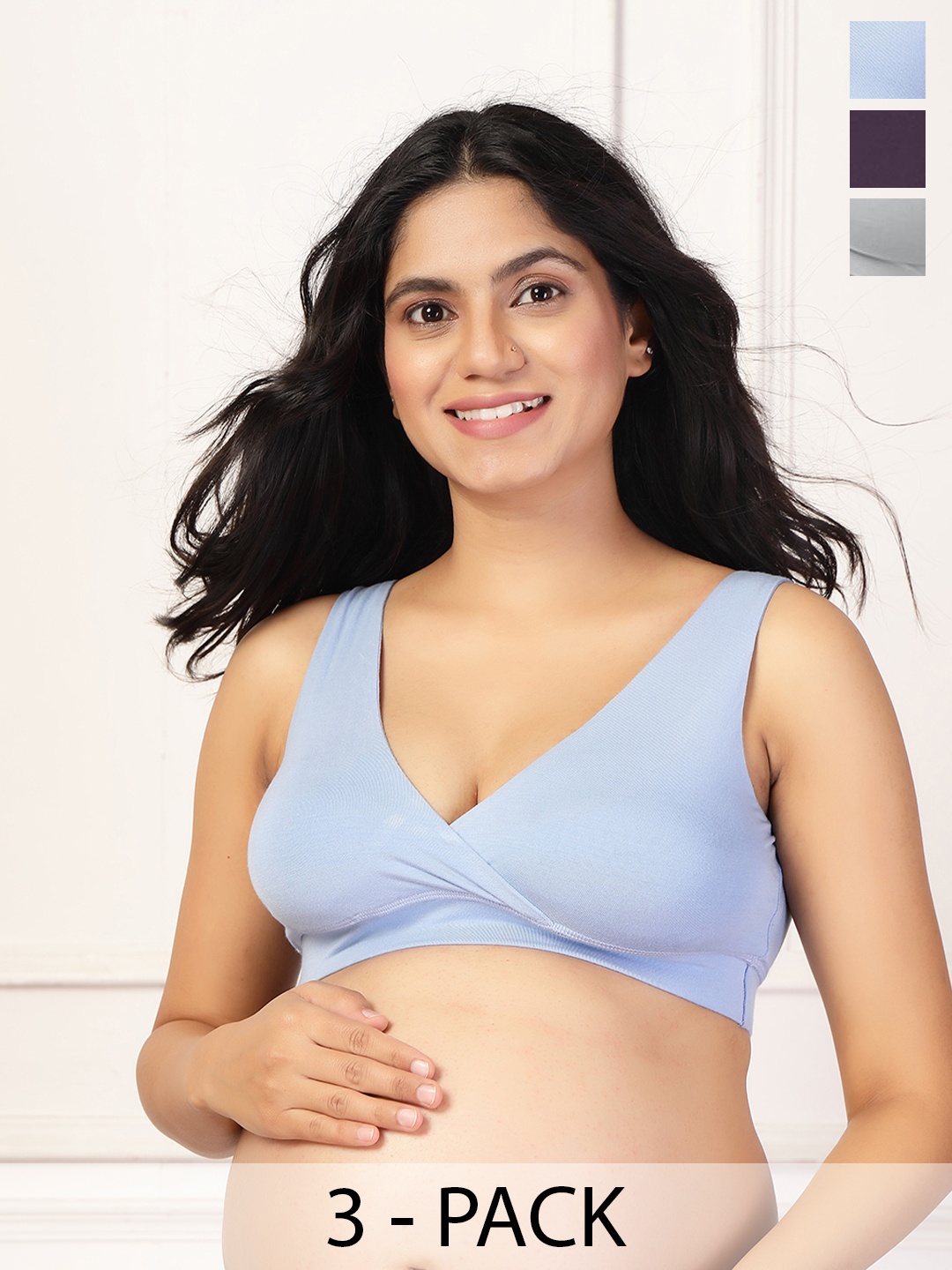 

House Of Zelena Pack of 3 Stretchable Lightly Padded Maternity Feeding Bras, Blue