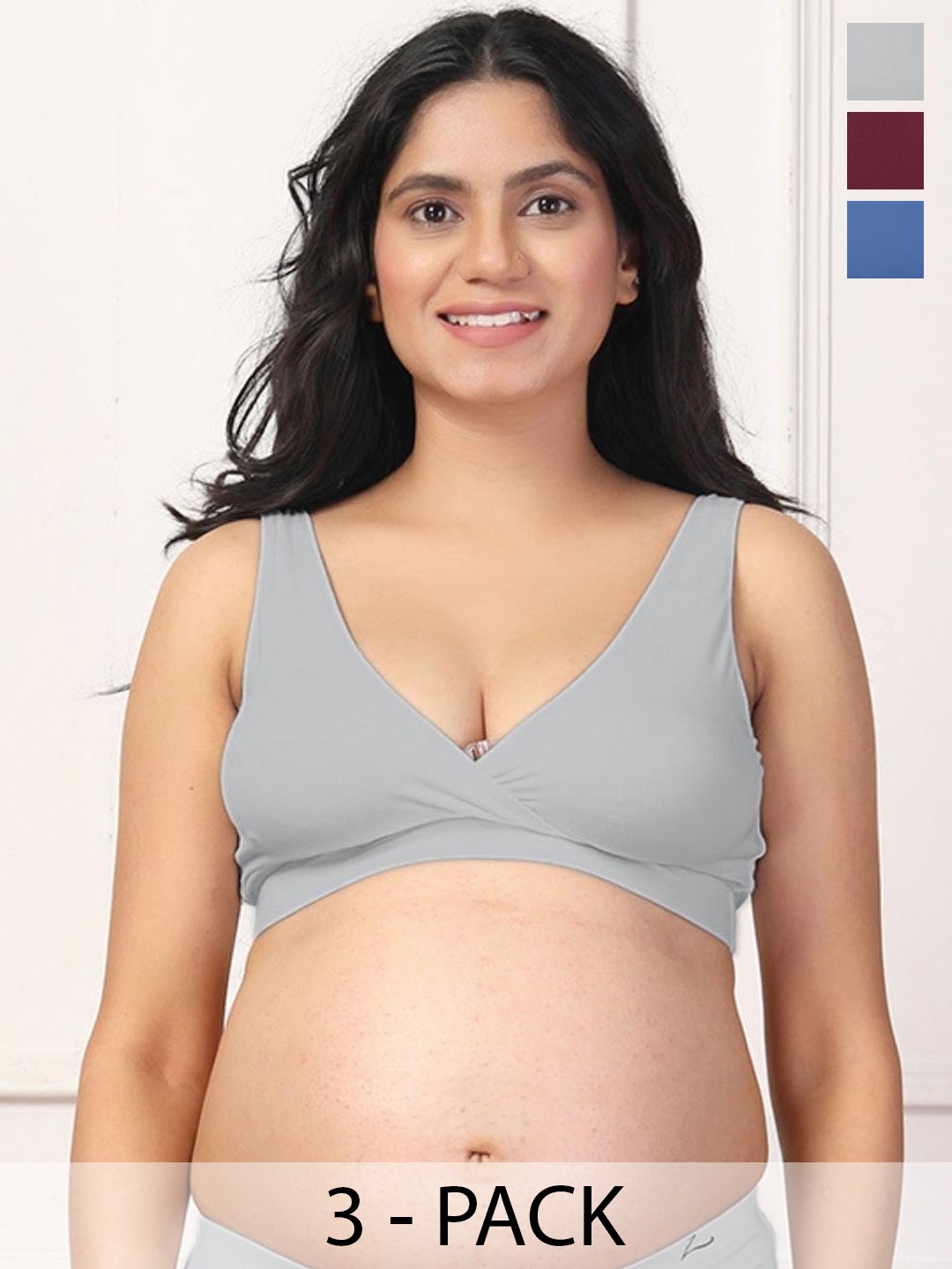 

House Of Zelena Pack of 3 Stretchable Lightly Padded Maternity Feeding Bras, Grey