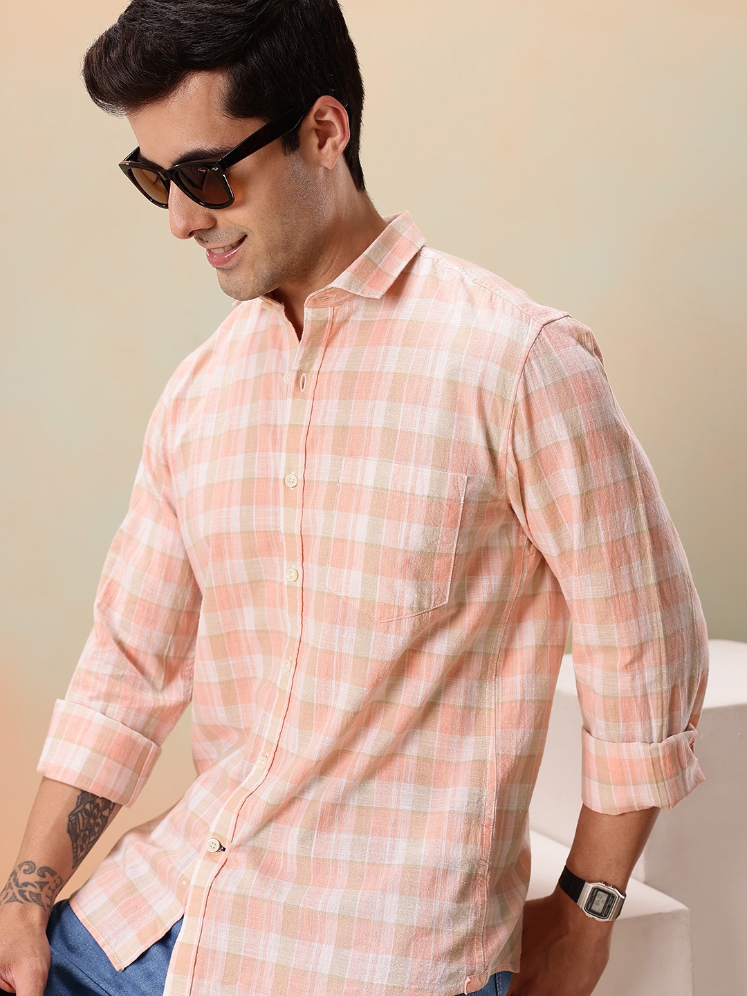 

Mast & Harbour Men Standard Checked Pure Cotton Casual Shirt, Pink