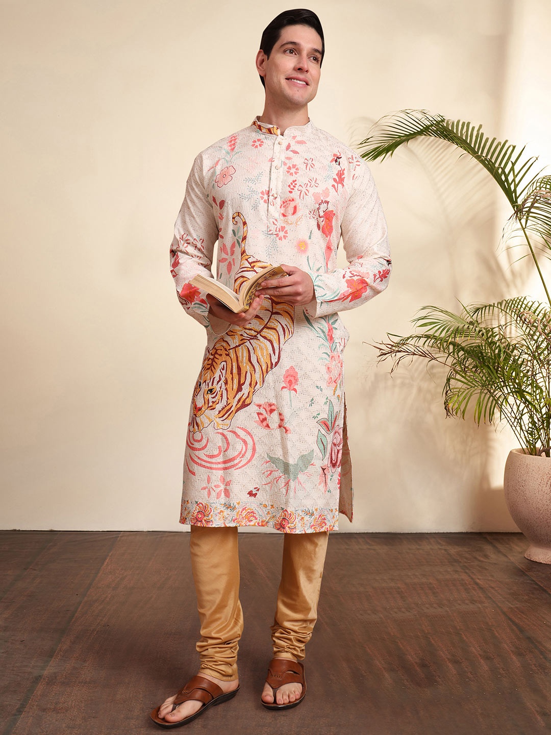 

HERE&NOW Animal Woven Design Printed Mandarin Collar Straight Kurta, Cream