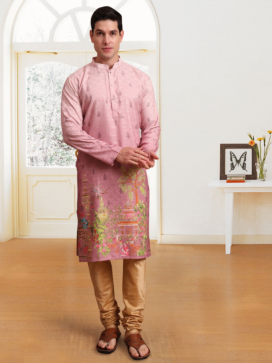 

HERE&NOW Ethnic Motifs Woven Design Printed Mandarin Collar Straight Kurta, Mauve