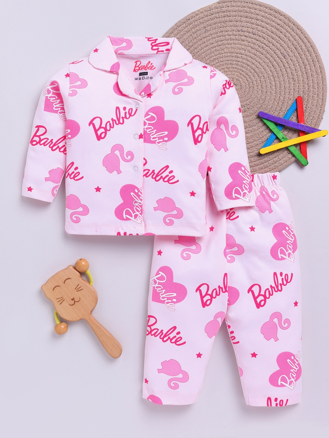

YK X Tinyo Infant Girls Barbie Printed Pure Cotton Night suit, Pink
