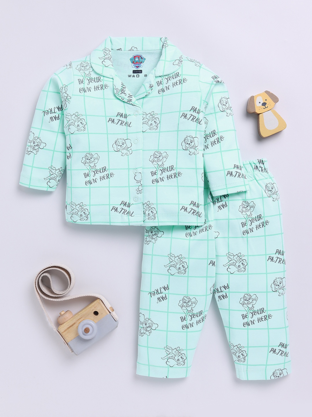 

YK X Tinyo Infant Girls Paw Patrol Printed Pure Cotton Night suit, Sea green