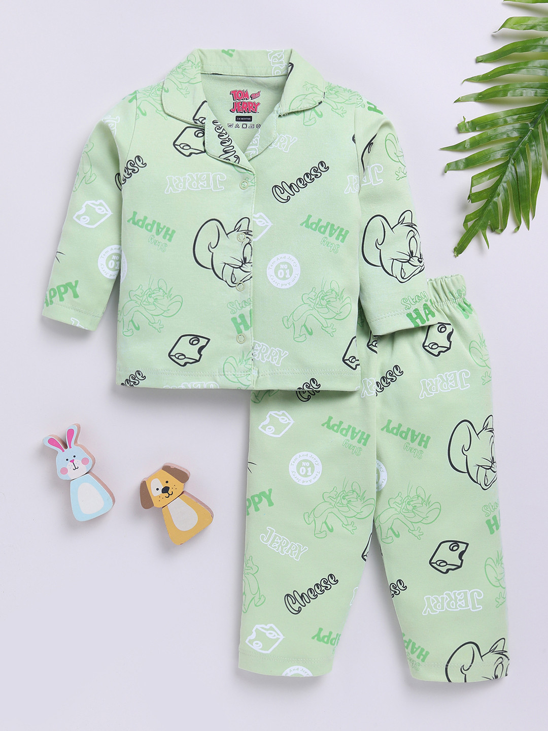 

YK X Tinyo Boys Cartoon Characters Printed Shirt and Pyjamas Night suit, Green