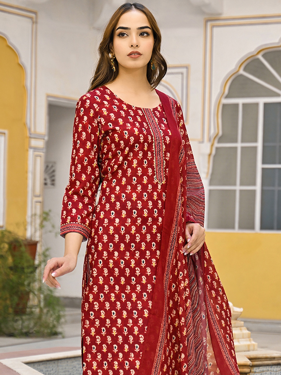 

KALINI Floral Printed Straight Kurta With Trousers And Dupatta, Maroon