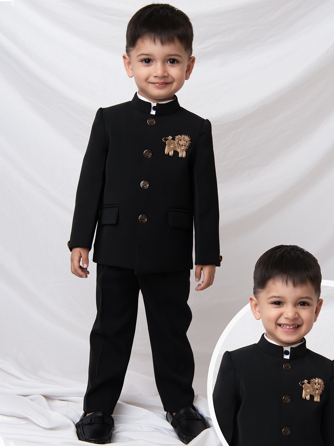 

LITTLE COLLARS Boys Embellished Mandarin Collar Bandhgala 3-Pieces Suits, Black