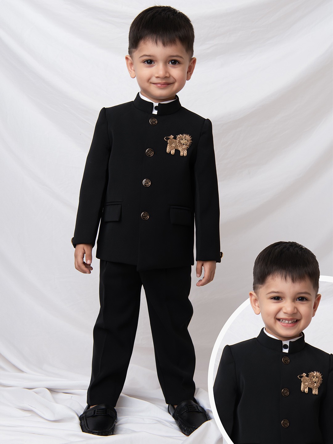 

LITTLE COLLARS Boys Mandarin Collar Single-Breasted 3-Piece Suit, Black