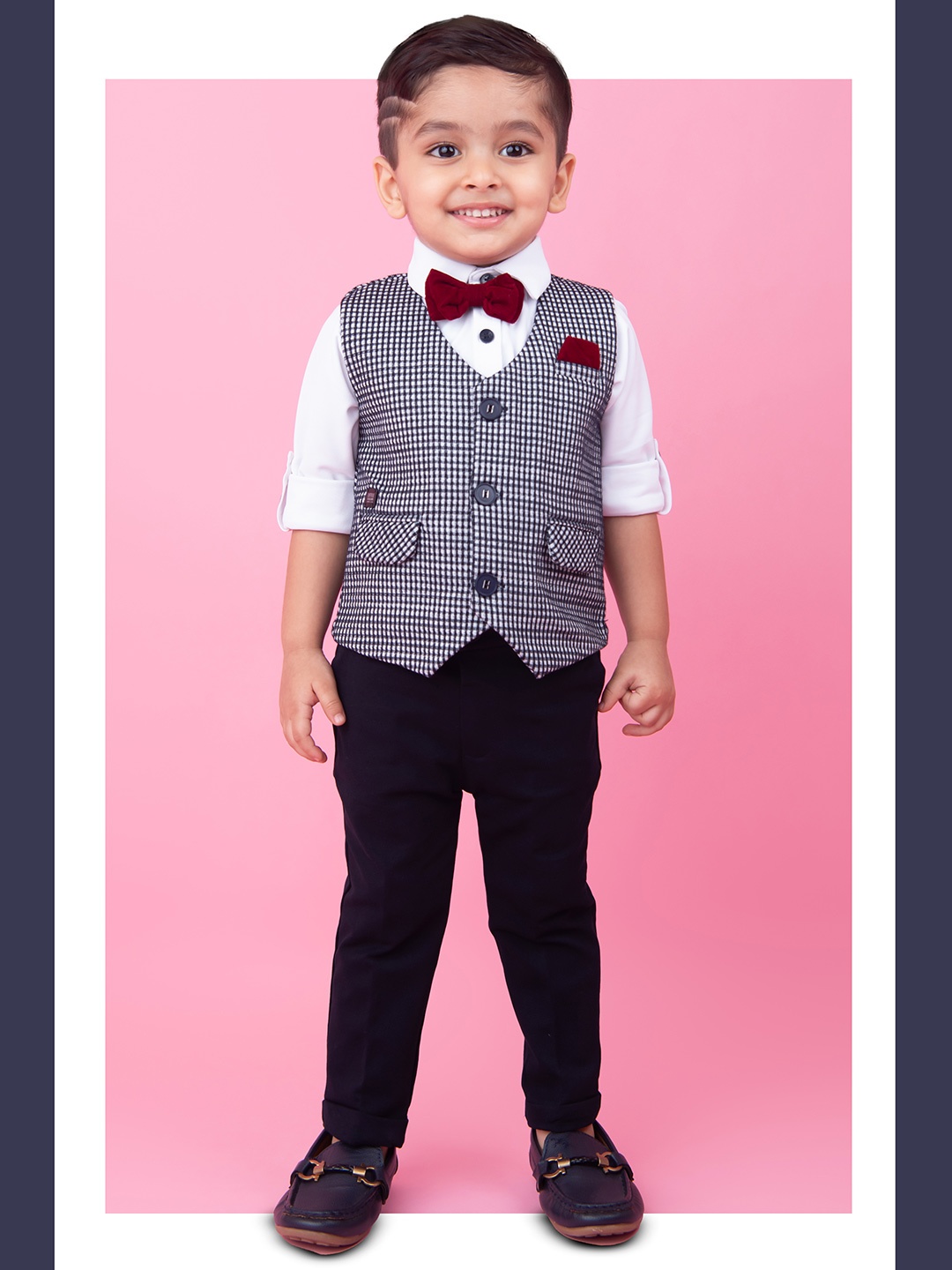 

LITTLE COLLARS Boys Checked Collarless Single-Breasted 4-Pieces Suits, Navy blue