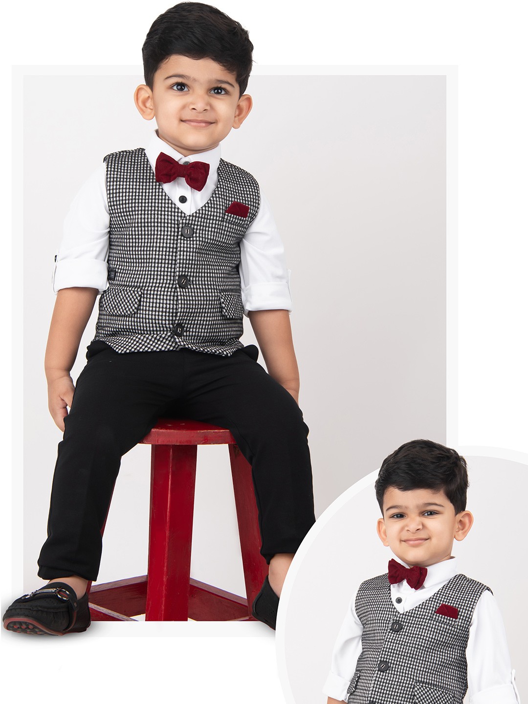 

LITTLE COLLARS Boys Checked Single-Breasted 3-Piece Suit, Black
