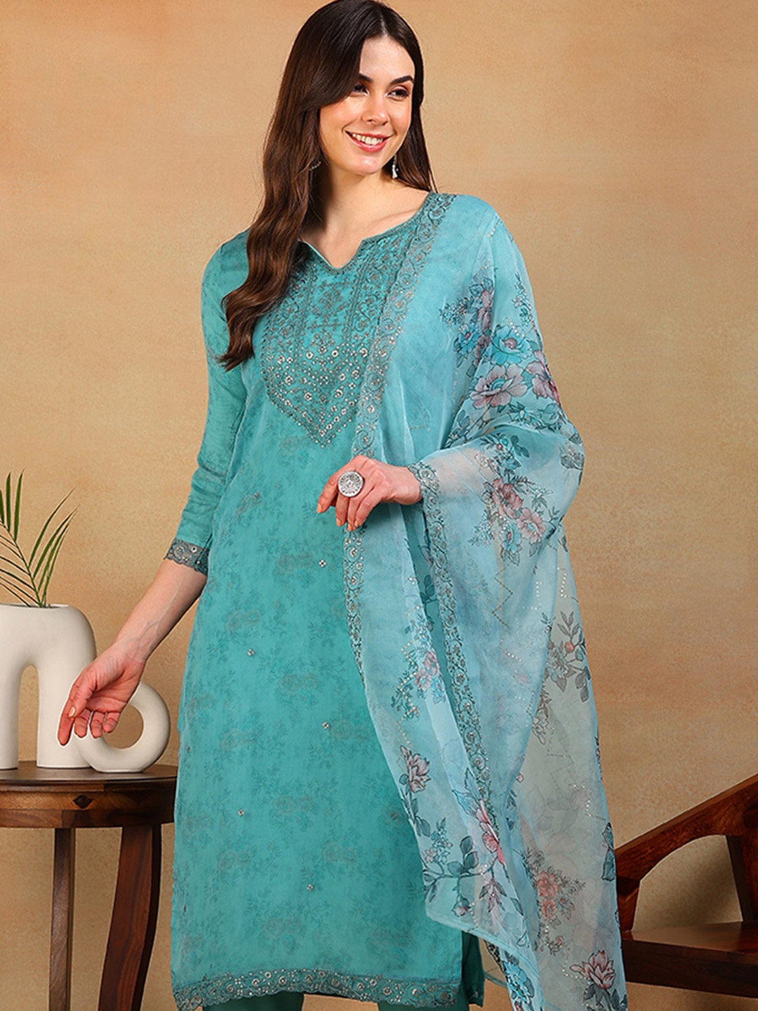 

KALINI Floral Printed Notch Neck Organza Straight Kurta With Trousers & Dupatta, Turquoise blue