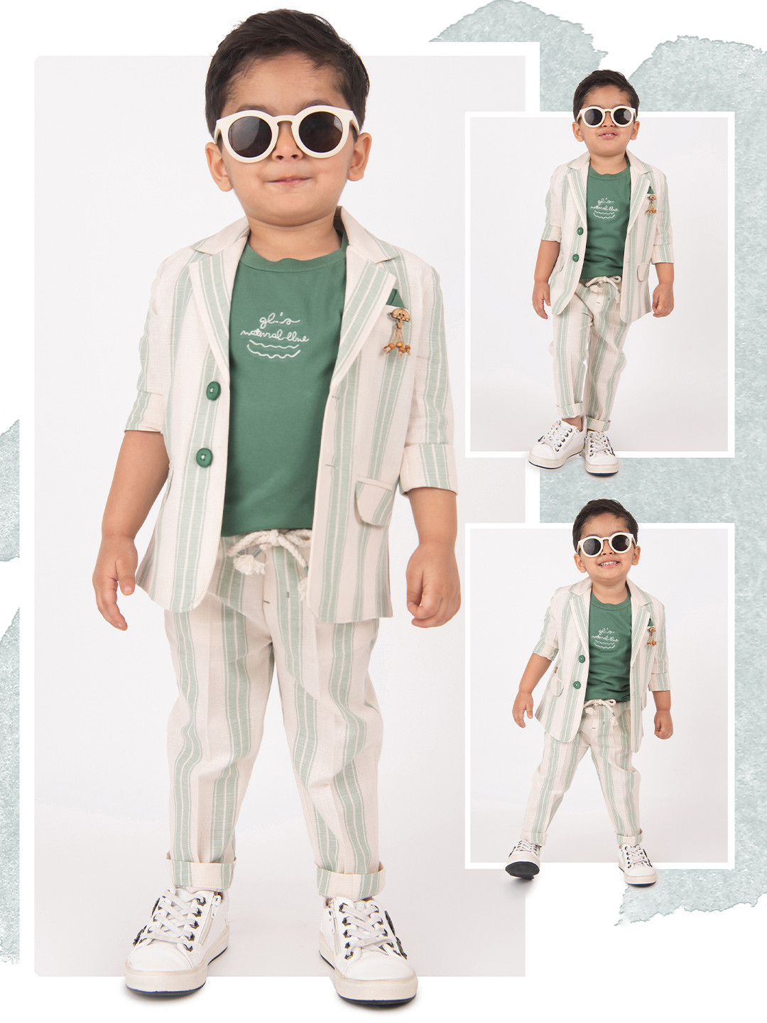 

LITTLE COLLARS Boys Striped Notched Lapel Collar Single-Breasted 3-Piece Suit, Green