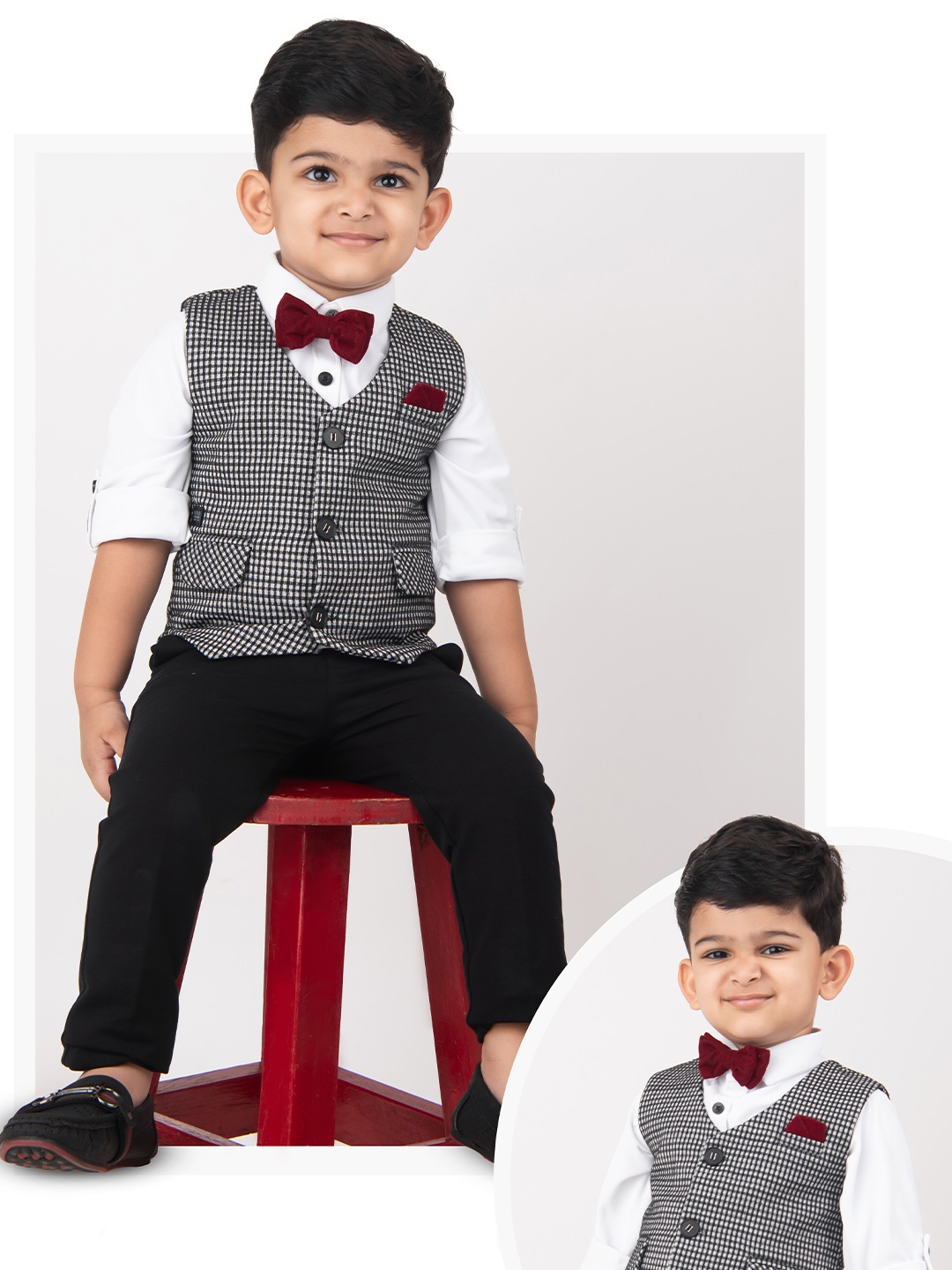 

LITTLE COLLARS Boys Checked Single-Breasted 3-Piece Suit, Black