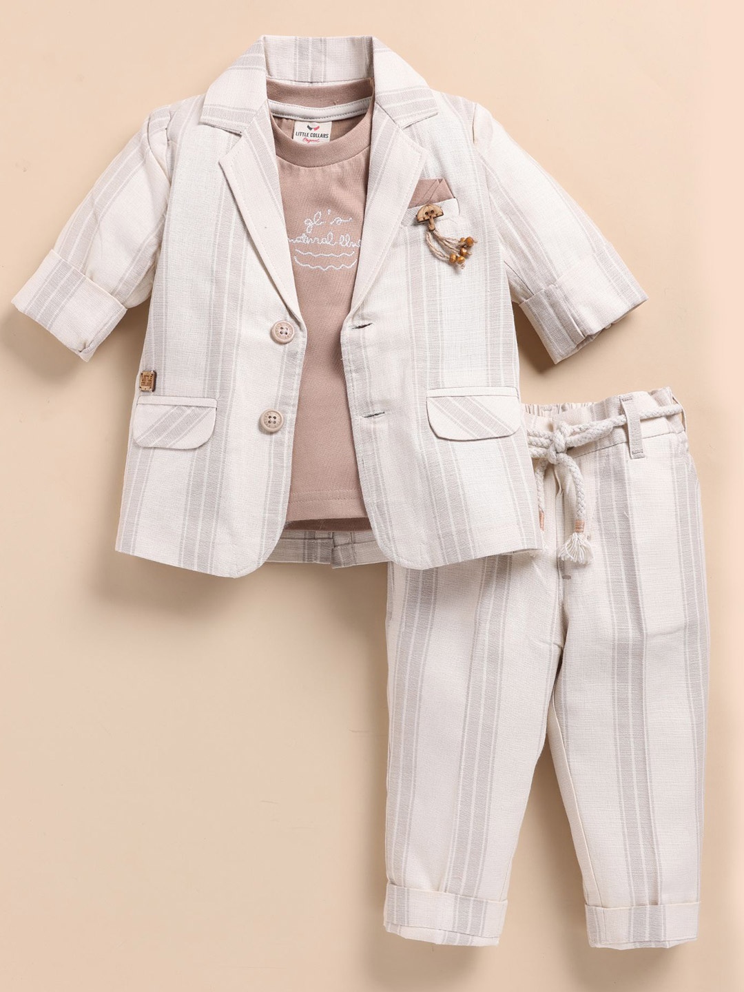

LITTLE COLLARS Boys Striped Notched Lapel Collar Pure Cotton 3-Pieces Suits, Beige