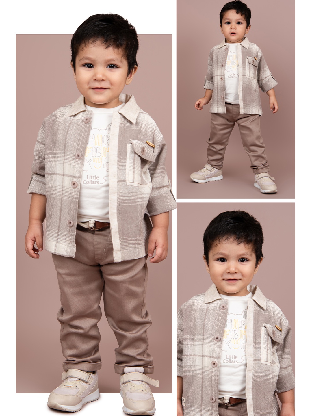 

LITTLE COLLARS Boys Shirt Collar Pure Cotton T-shirt and Shirt With Trouser, Grey
