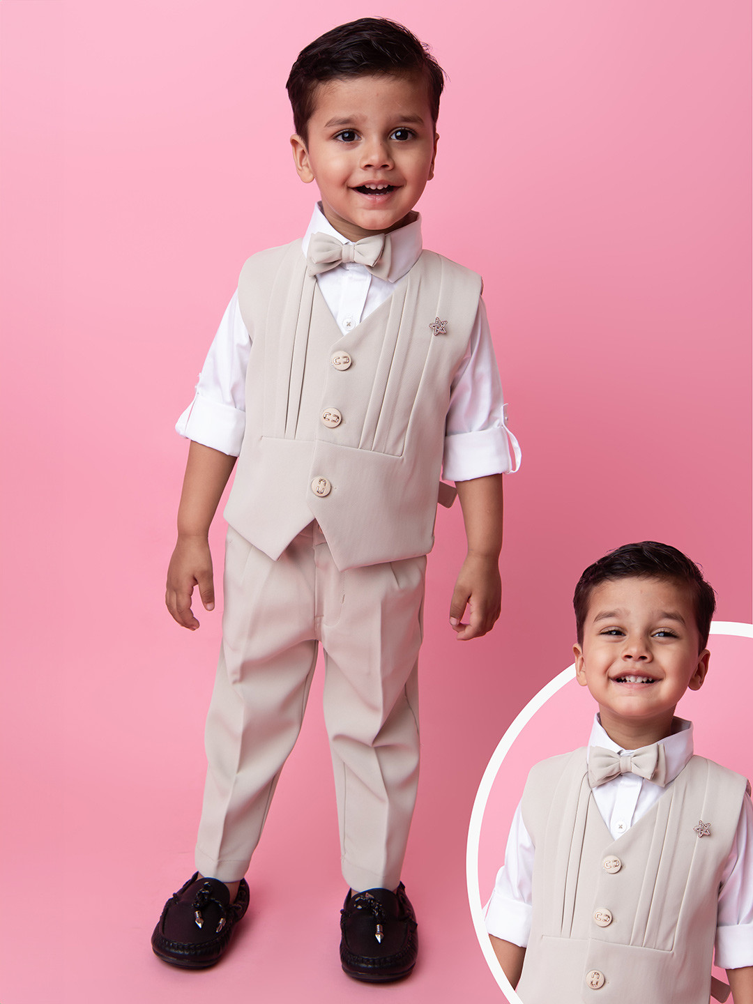 

LITTLE COLLARS Boys Self Design Collarless Single-Breasted 4-Pieces Suits, Cream