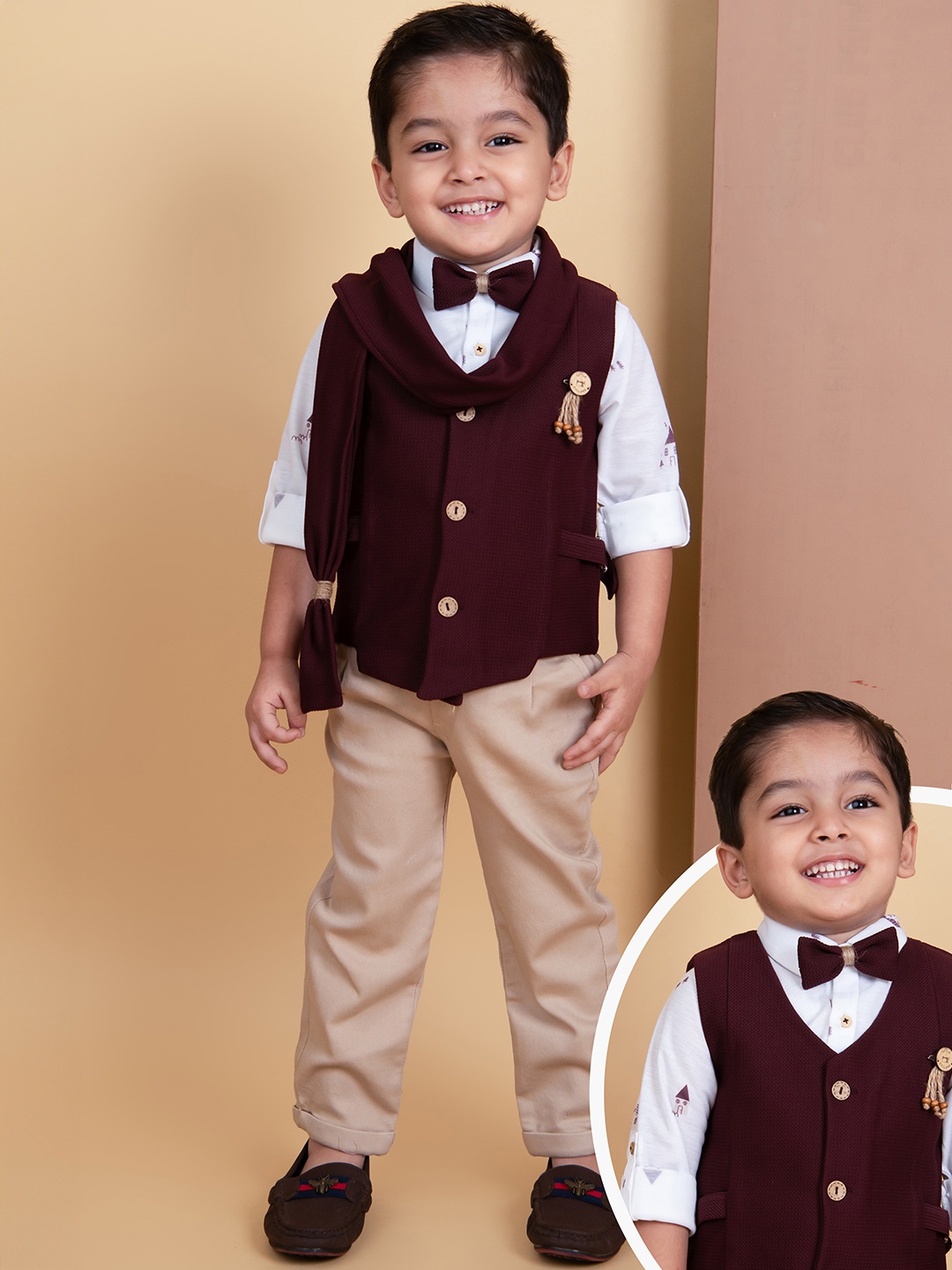 

LITTLE COLLARS Boys Collarless Single-Breasted 5-Pieces Suits, Maroon