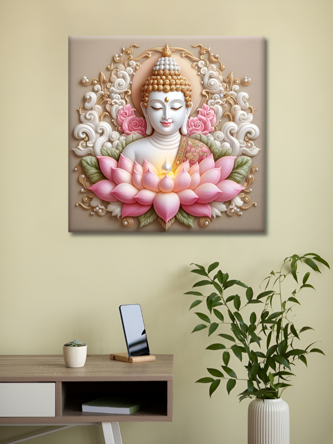 

Olive Tree Pink & White Buddha Religious Canvas Wall Art, Beige