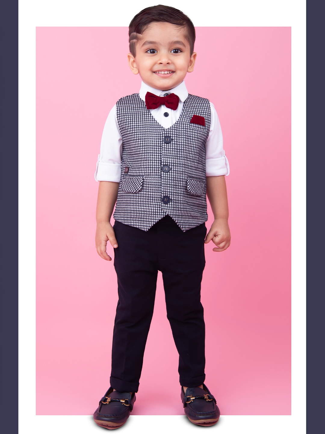 

LITTLE COLLARS Boys Checked Collarless Single-Breasted 4-Pieces Suits, Navy blue