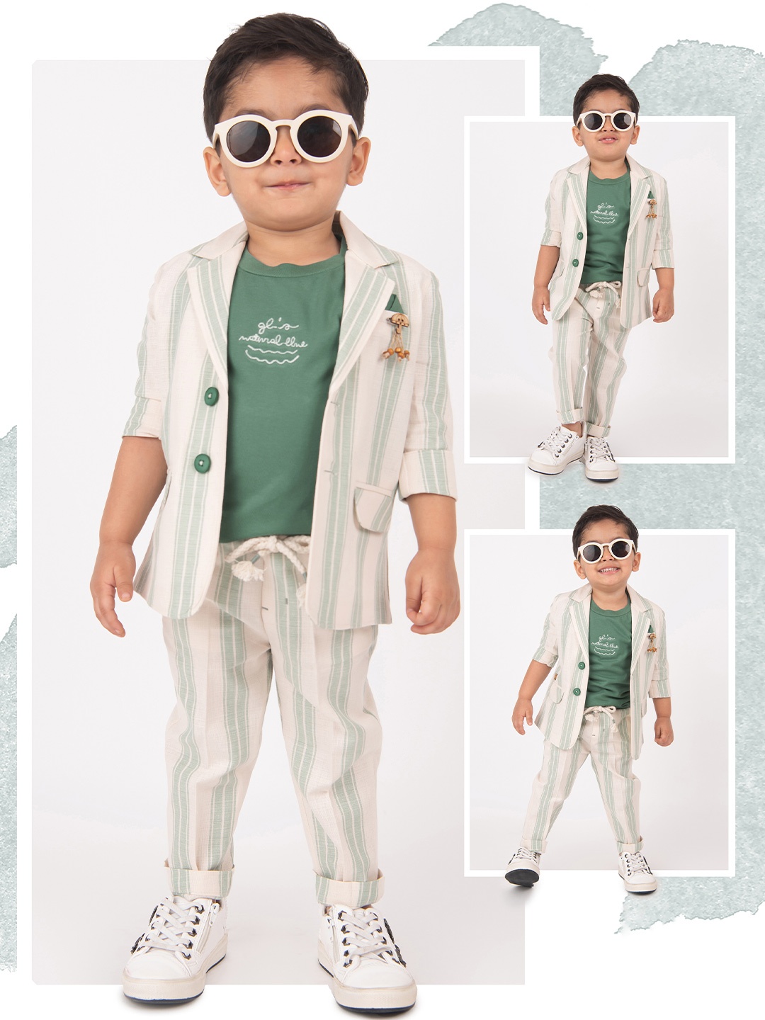 

LITTLE COLLARS Boys Striped Notched Lapel Collar Pure Cotton 3-Pieces Suits, Green