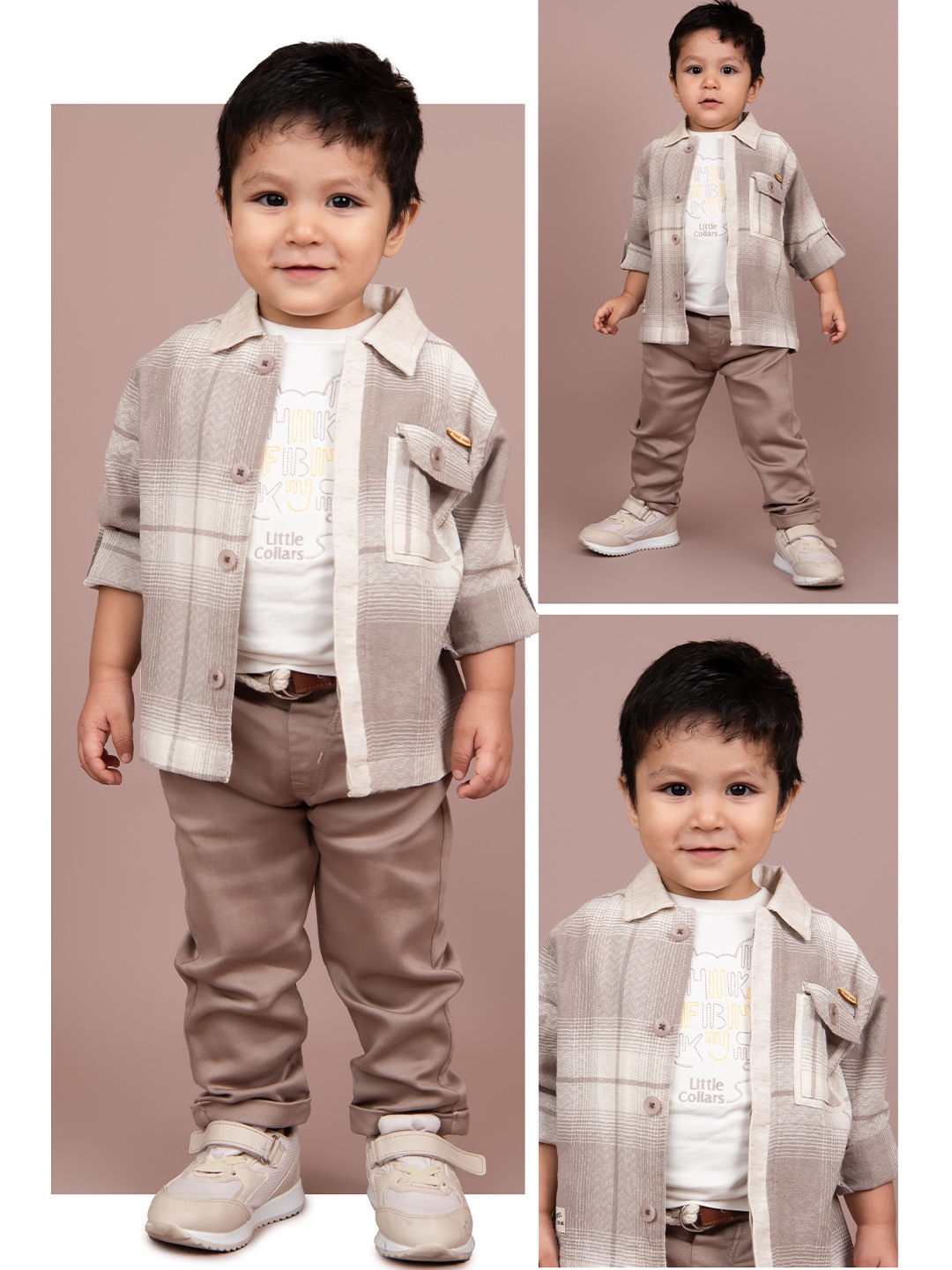 

LITTLE COLLARS Boys Embroidered Round Neck Pure Cotton T-shirt With Trousers And Shirt, White