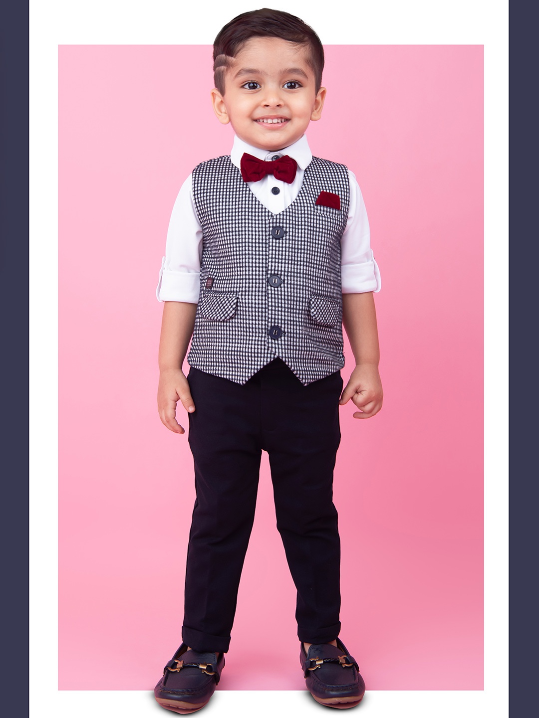 

LITTLE COLLARS Boys Checked Collarless Single-Breasted 4-Pieces Suits, Navy blue