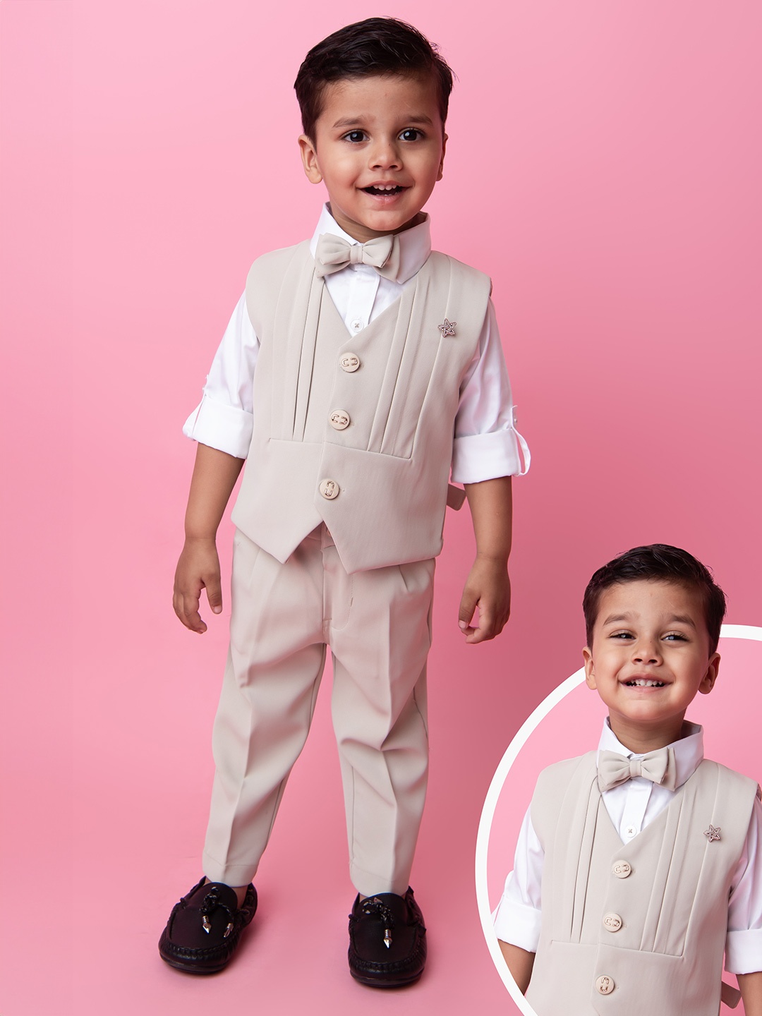 

LITTLE COLLARS Boys Self Design Collarless Single-Breasted 4-Pieces Suits, Cream