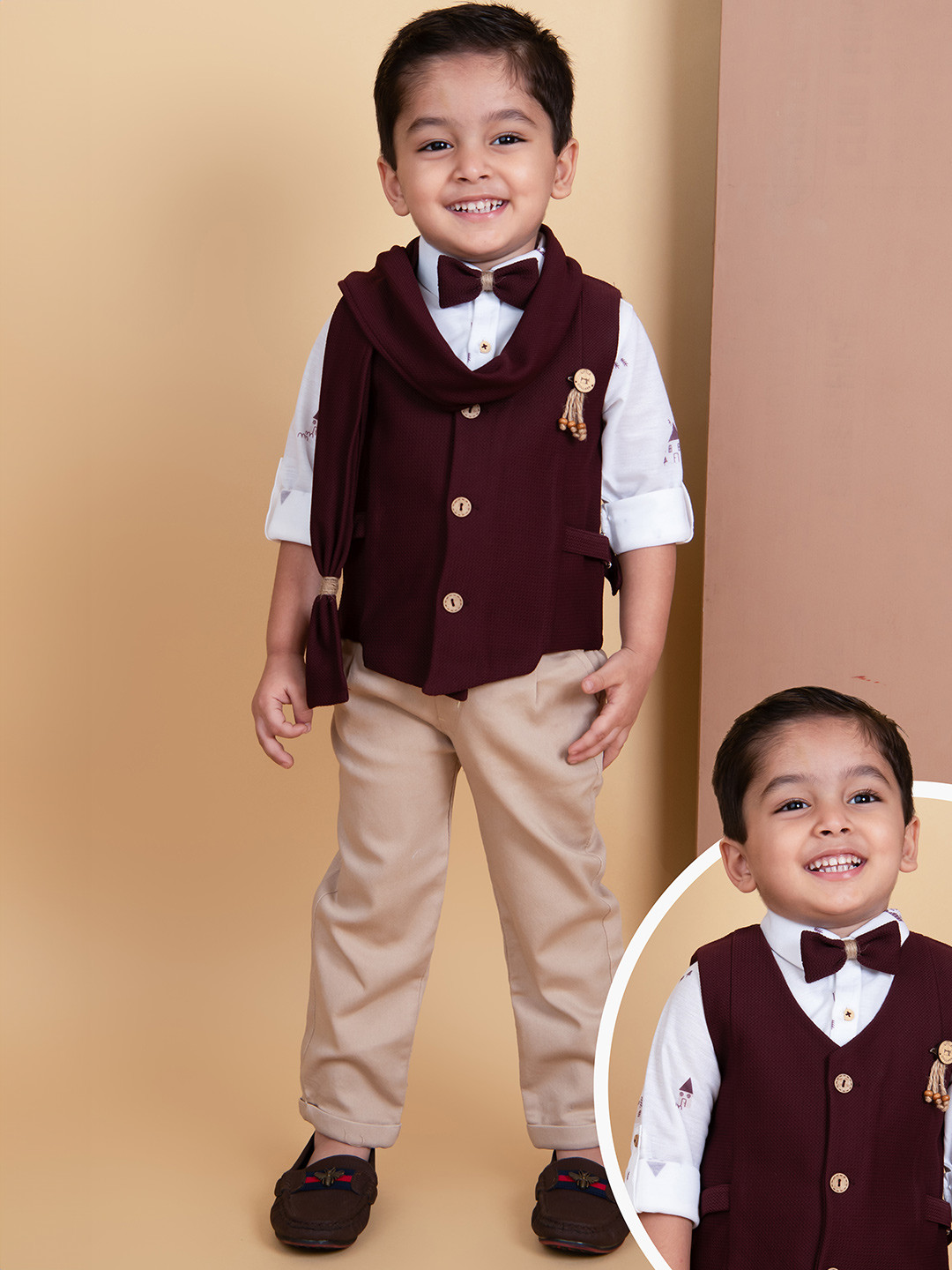 

LITTLE COLLARS Boys Collarless Single-Breasted 5-Pieces Suits, Maroon