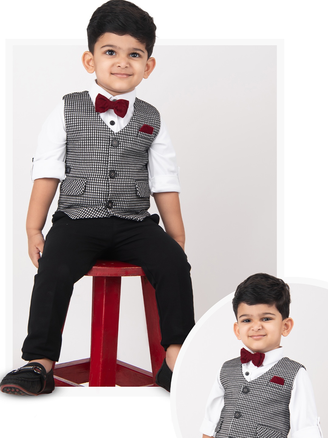

LITTLE COLLARS Boys Checked Collarless Single-Breasted 4-Pieces Suits, Black