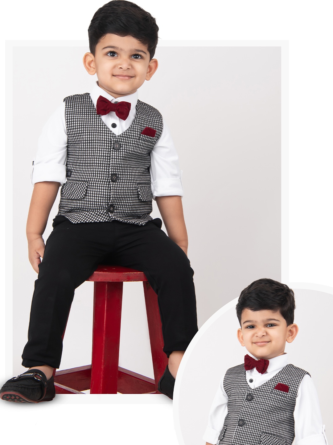 

LITTLE COLLARS Boys Checked Collarless Single-Breasted 4-Pieces Suits, Black