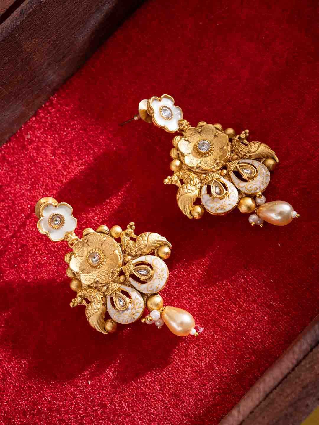 

PANASH Gold-Plated Stones Studded & Beaded Floral Shaped Drop Earrings