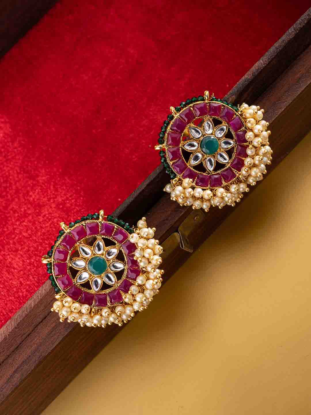 

PANASH Gold-Plated Artificial Stones Studded And Beaded Circular Shaped Studs, Pink