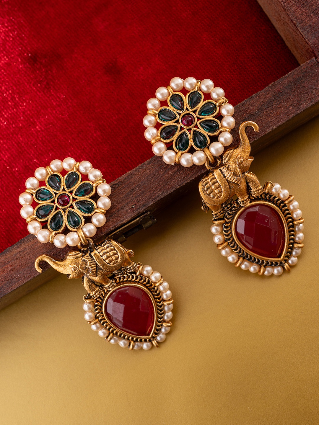 

PANASH Gold-Plated Stones Studded And Beaded Contemporary Shaped Drop Earrings