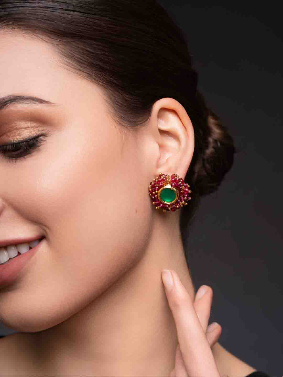 

PANASH Gold-Plated Stones Studded And Beaded Circular Shaped Studs