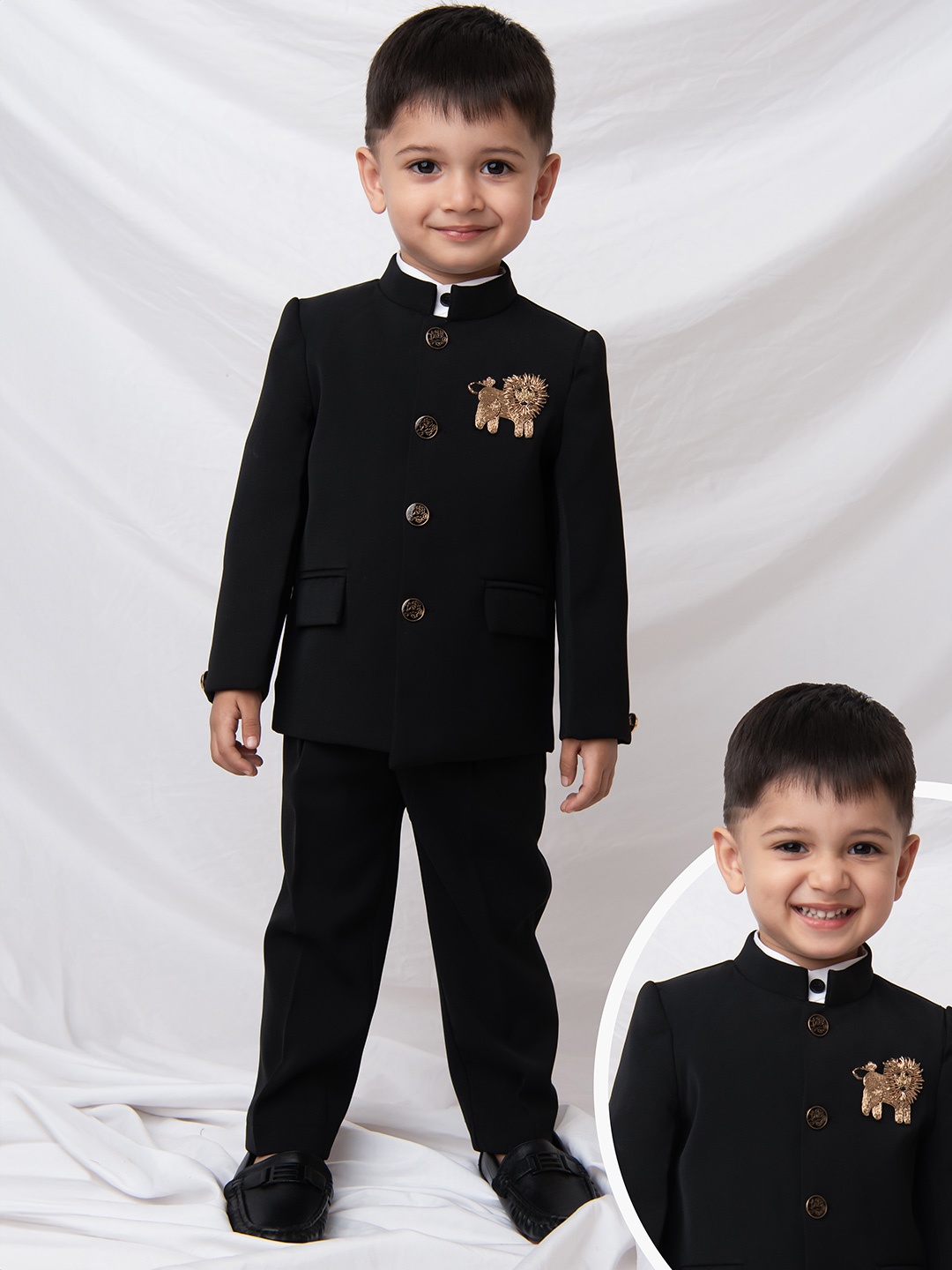 

LITTLE COLLARS Boys Single-Breasted Mandarin Collar 3-Piece Suit, Black