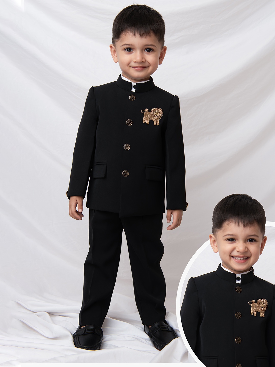 

LITTLE COLLARS Boys Embellished Mandarin Collar Bandhgala 3-Pieces Suits, Black