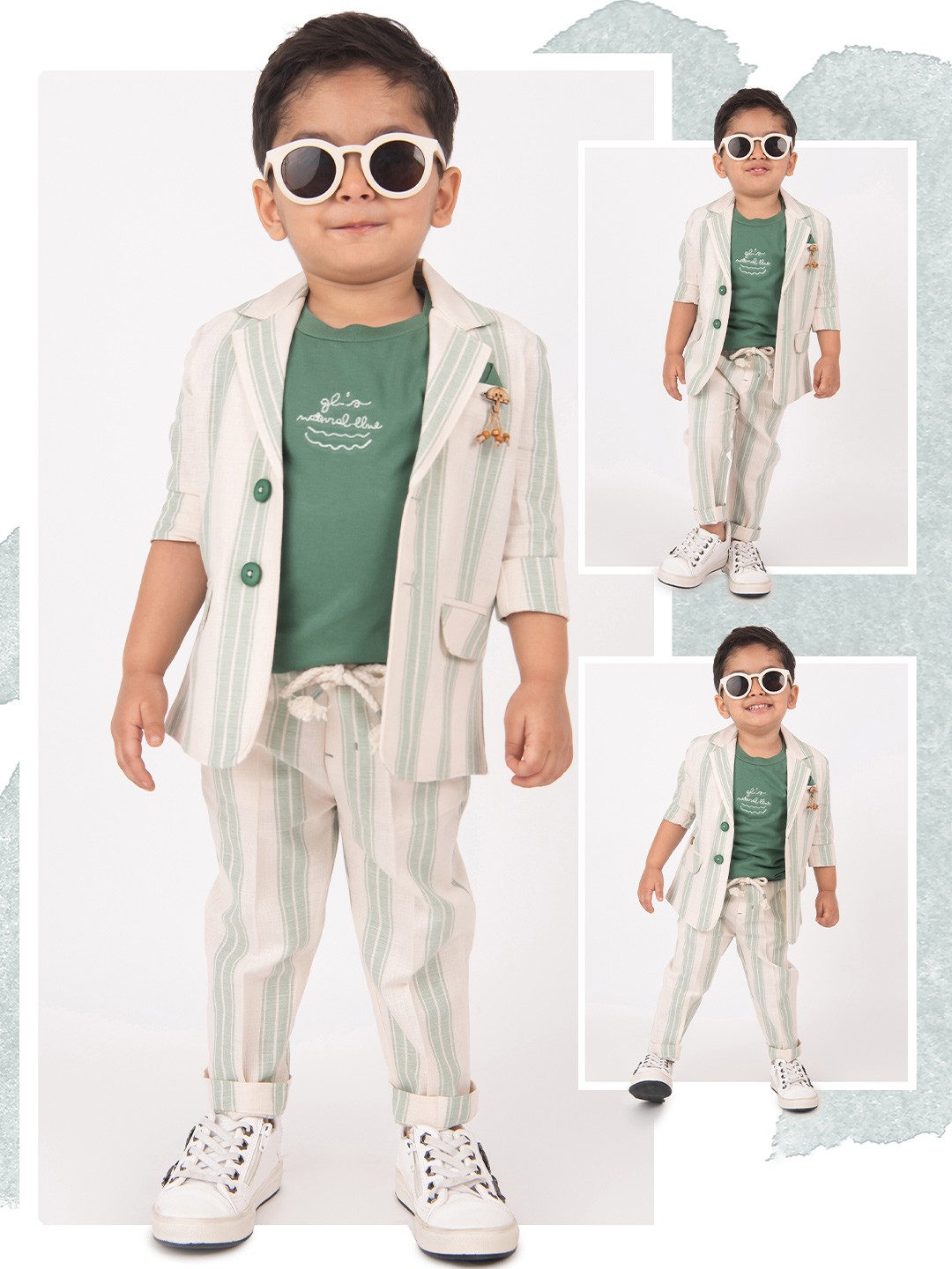 

LITTLE COLLARS Boys Striped Notched Lapel Collar Pure Cotton 3-Pieces Suits, Green