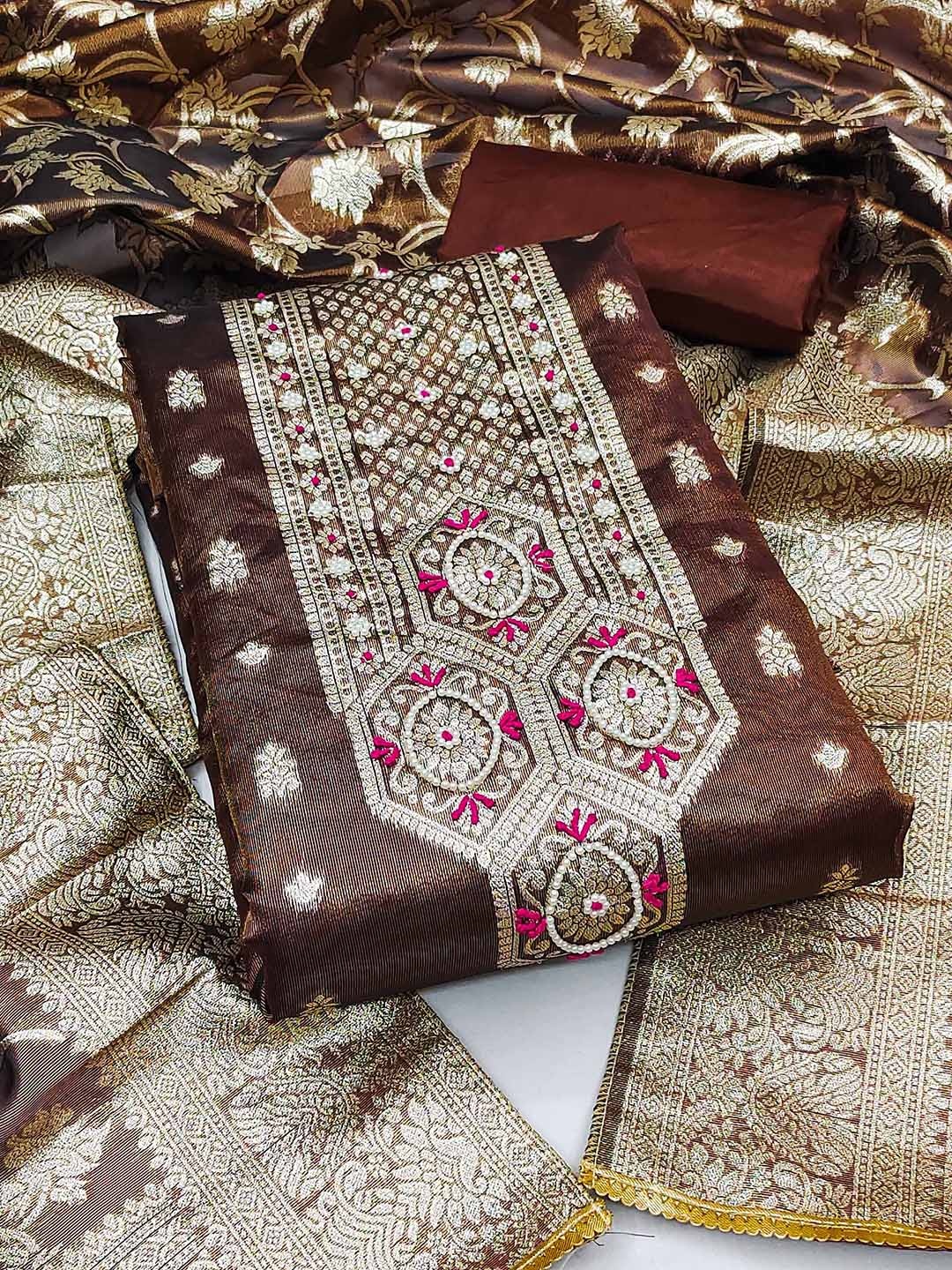 

Blissta Ethnic Motifs Woven Design Unstitched Dress Material, Brown